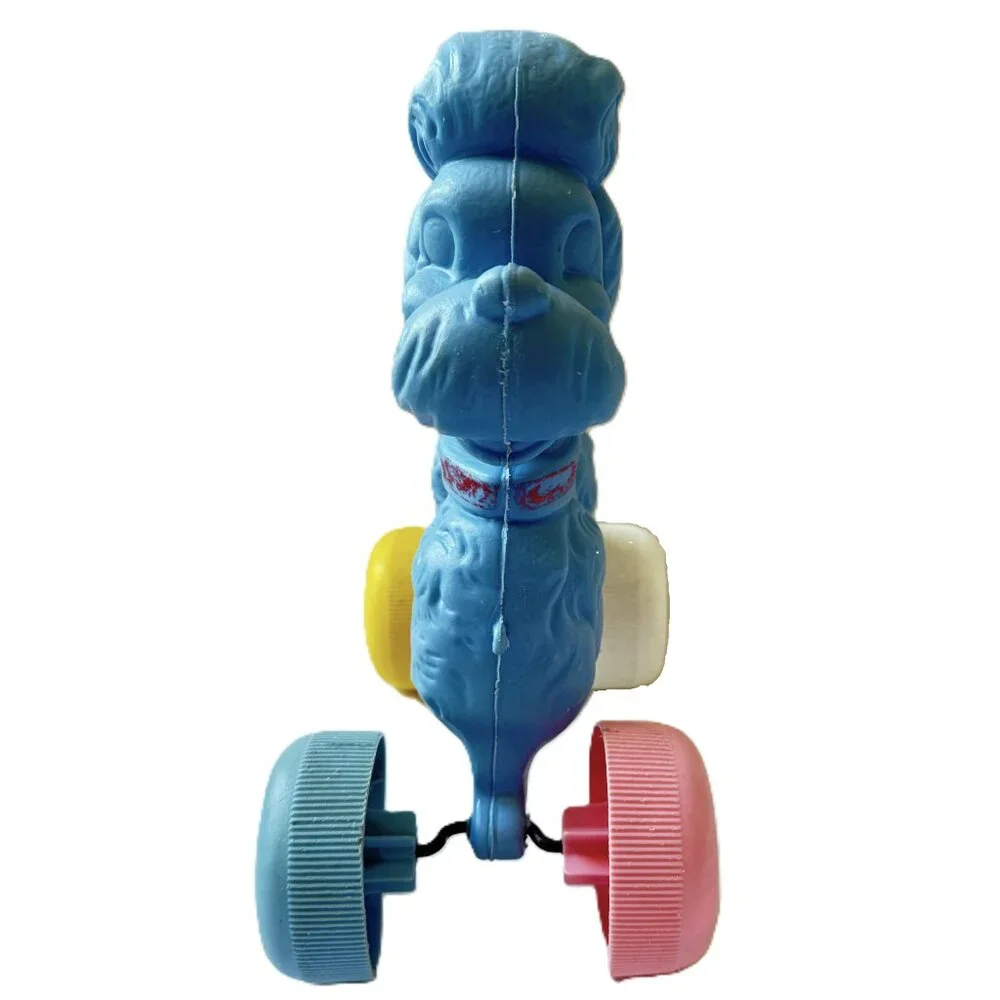 VTG 1950's Blue Poodle Dog Blow Mold Pull Toy Multi-Color Wheels Rare MCM